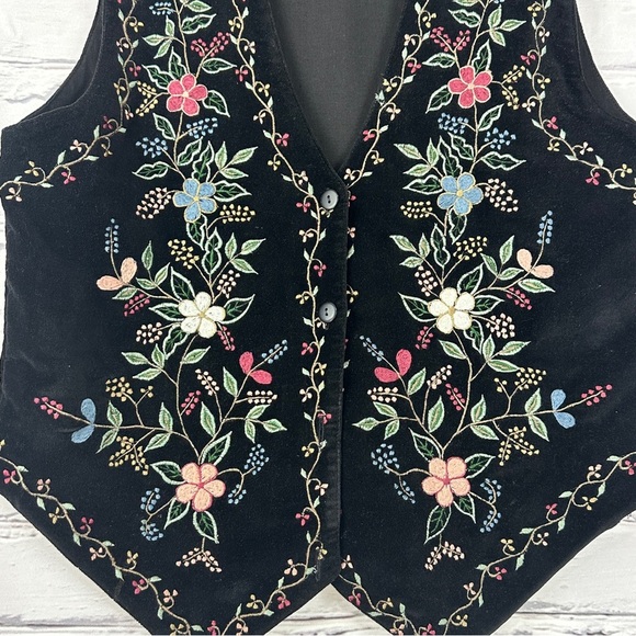 Vtg Chrysantheme Embroidered Velvet Vest Small Black Floral Boho 90s Grandmacore - Picture 5 of 10